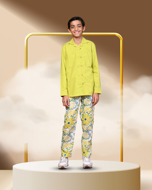 Pure Cotton Printed Pant And Solid Shirt Set