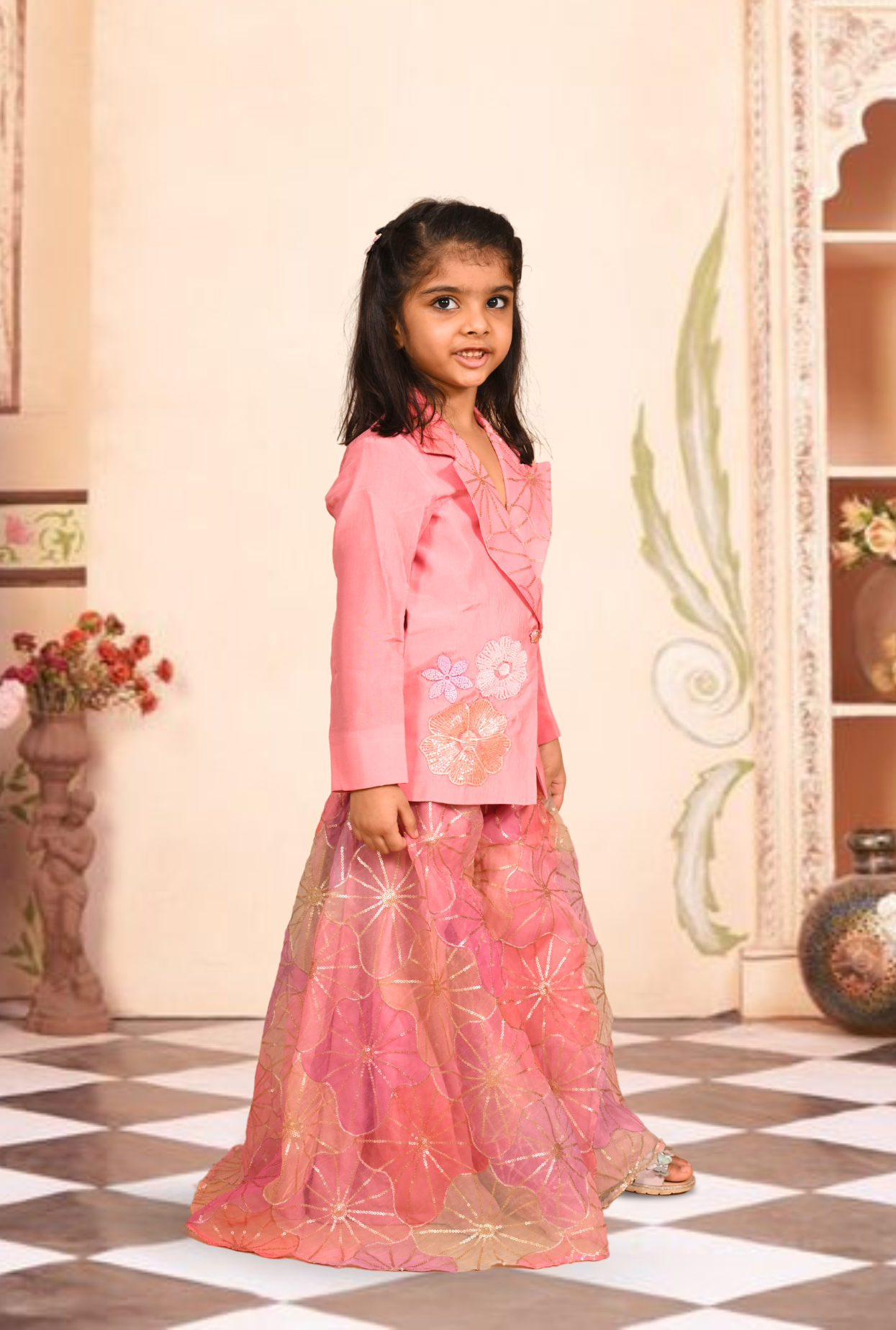 Silk Blazer and Embroidered Palazzo Set