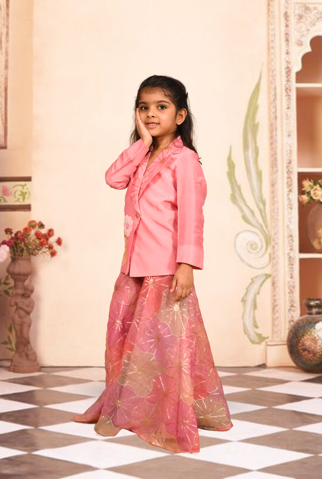 Silk Blazer and Embroidered Palazzo Set