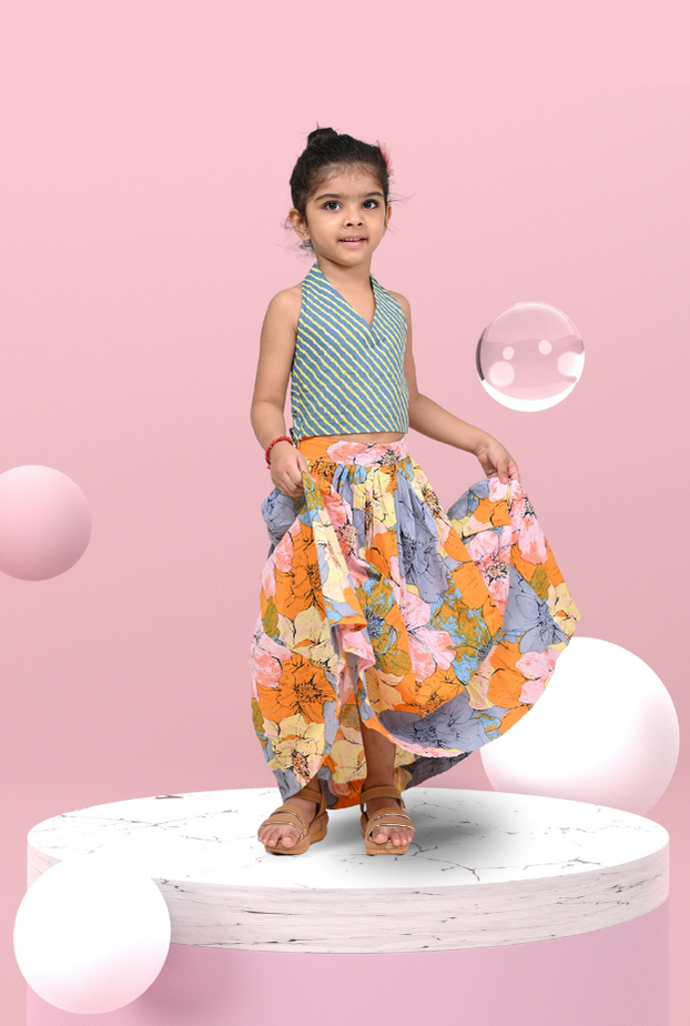 Striped Top & Floral Skirt Outfit For Girls By Kiddicot