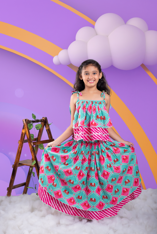 Printed Frilly Layered Top And Skirt For Girls By Kiddicot