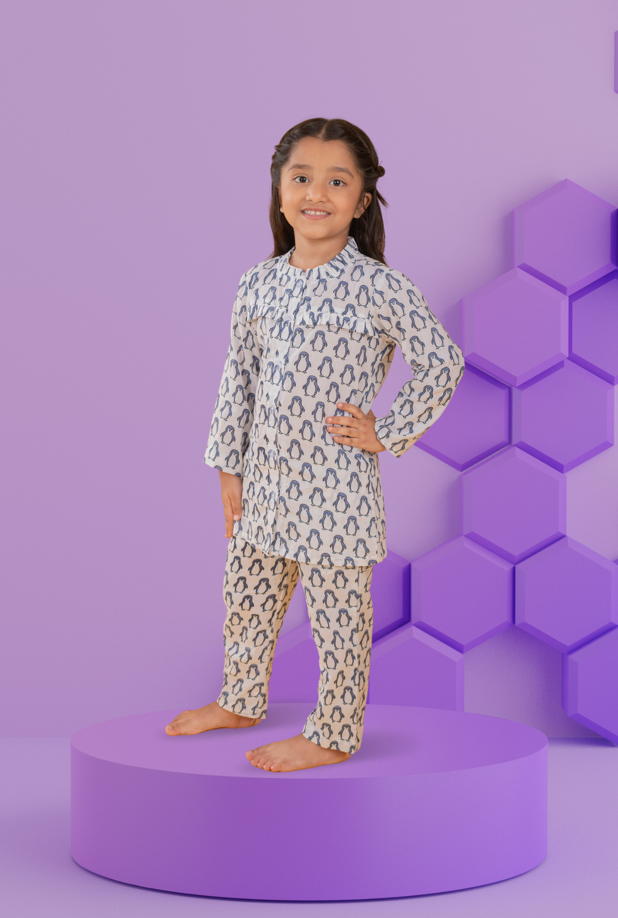 Pure Cotton Penguin Pyjama Set For Girls By Kiddicot