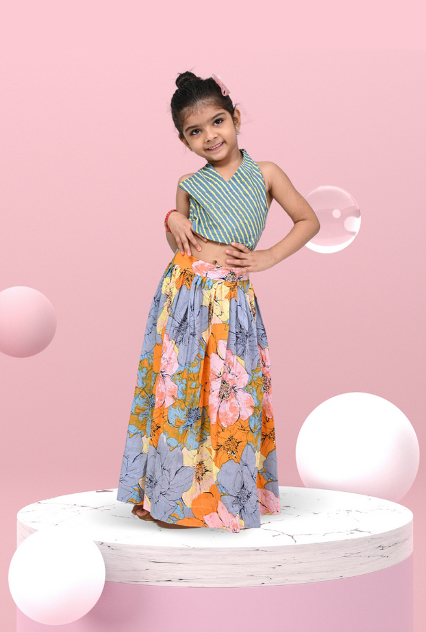 Striped Top & Floral Skirt Outfit For Girls By Kiddicot