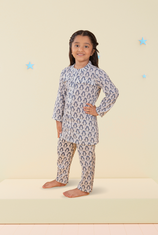 Pure Cotton Penguin Pyjama Set For Girls By Kiddicot