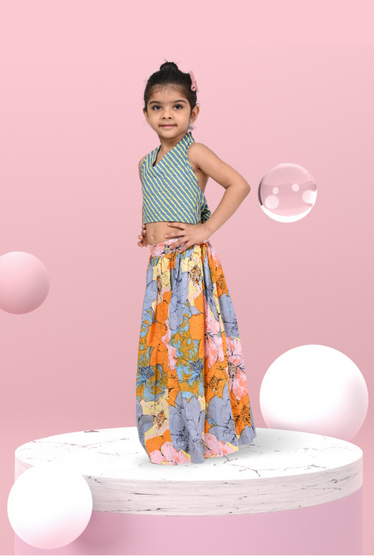 Striped Top & Floral Skirt Outfit For Girls By Kiddicot