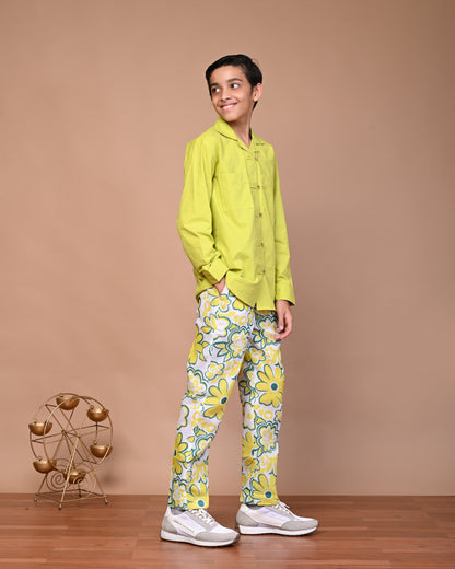 Pure Cotton Printed Pant And Solid Shirt Set